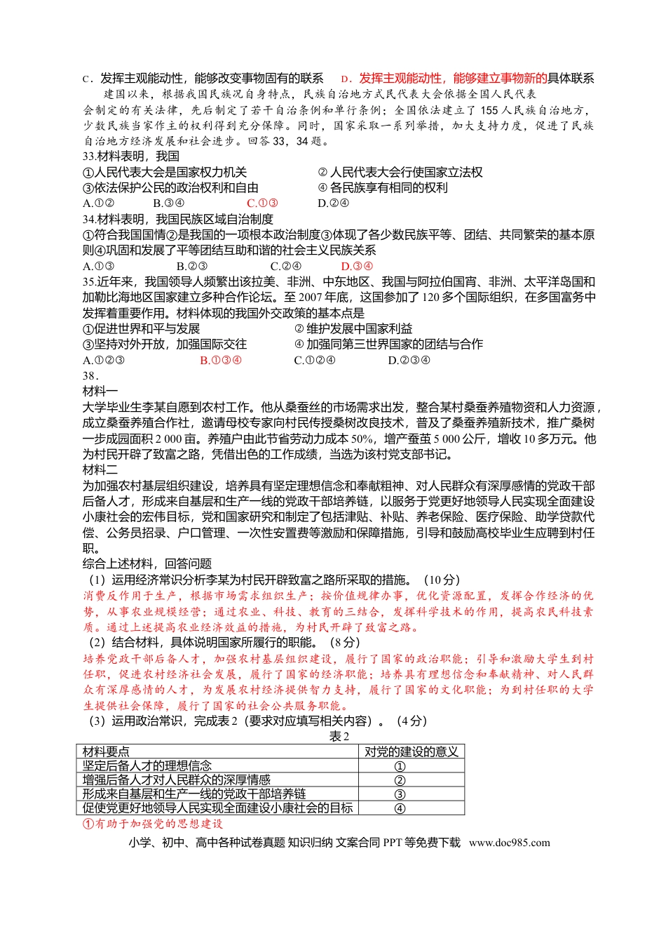 2008年重庆高考政治试卷及答案.doc