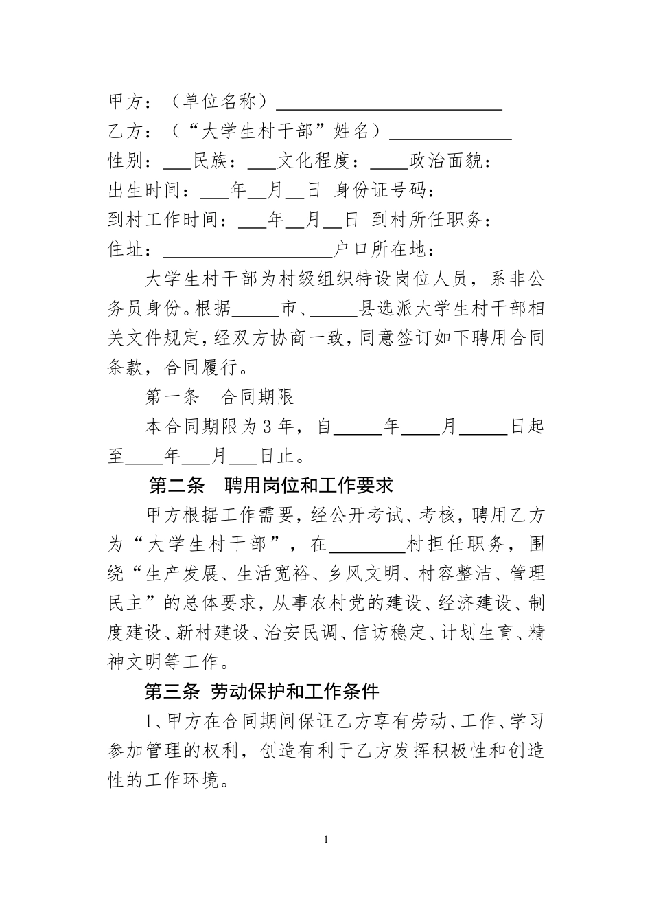 聘用大学生村干部合同书.doc