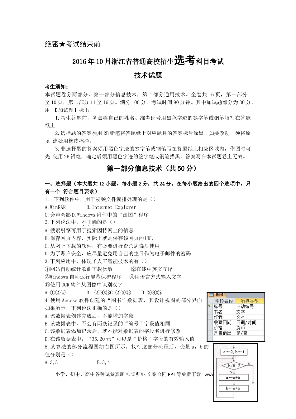 【免费下载】2016年10月浙江信息技术真题（答案）.doc