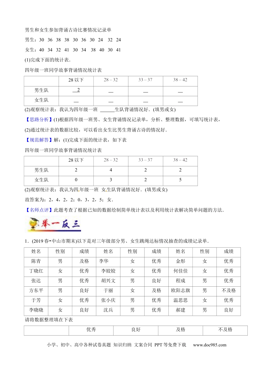 三年级数学下册 第3讲 复式统计表（教师版含解析）（知识梳理+典例分析+举一反三+阶梯训练）人教版.docx