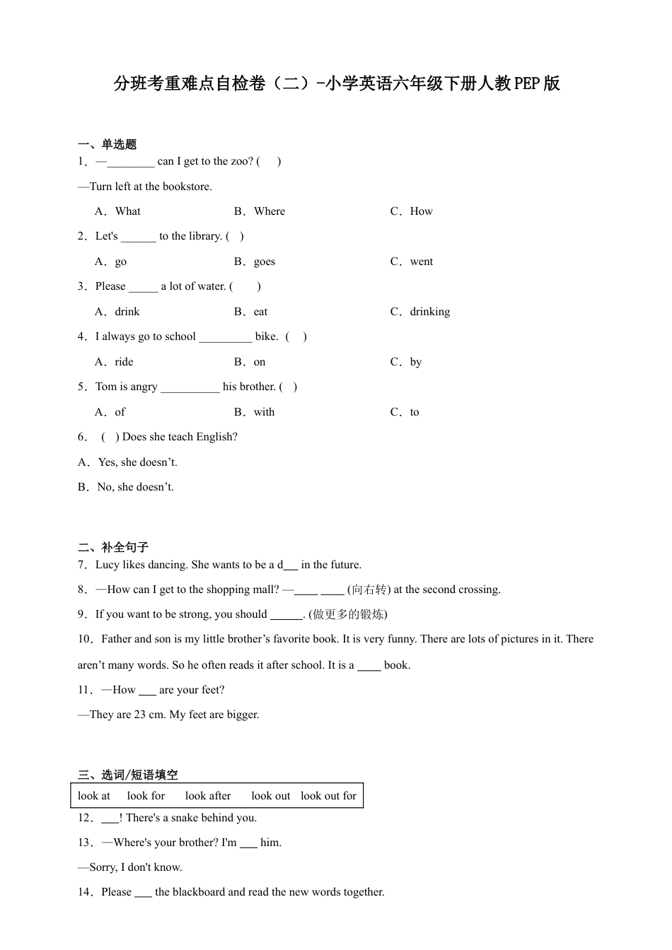 分班考重难点自检卷（二）-小学英语六年级下册人教PEP版（含答案）.docx