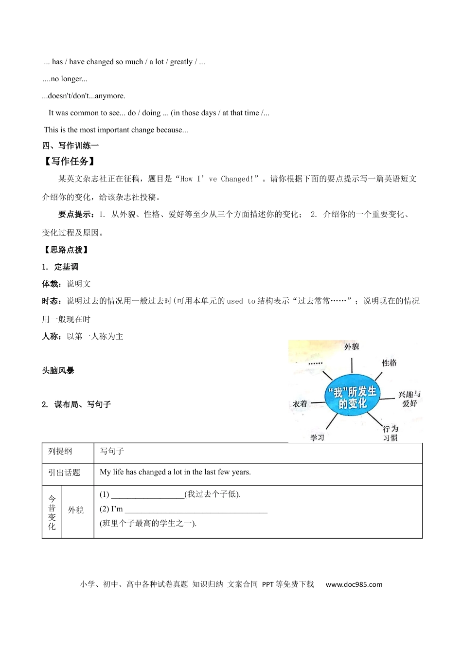 九年级英语 专题4 九全Unit 4 写作主题：谈论生活改变（人教版）.docx