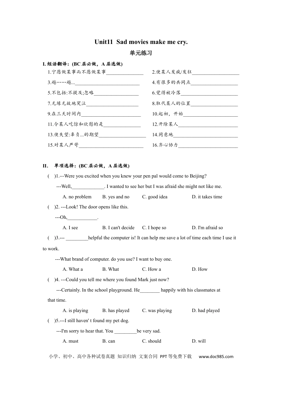 九年级英语 Unit11单元分层练习设计.docx
