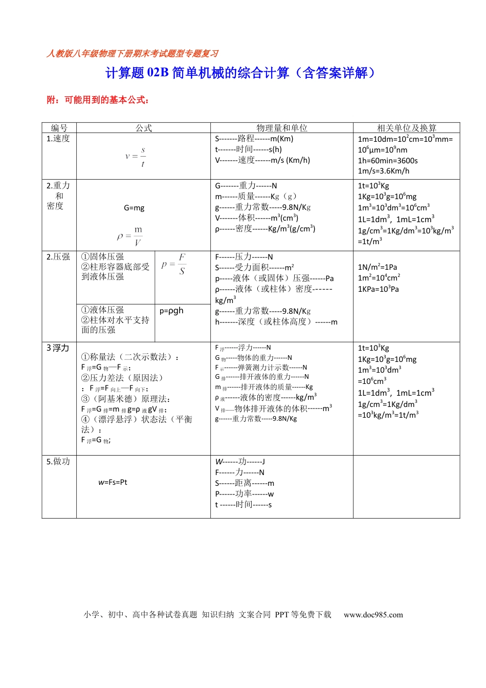 八年级物理下册 计算题02B  简单机械的综合计算（含答案详解）.docx