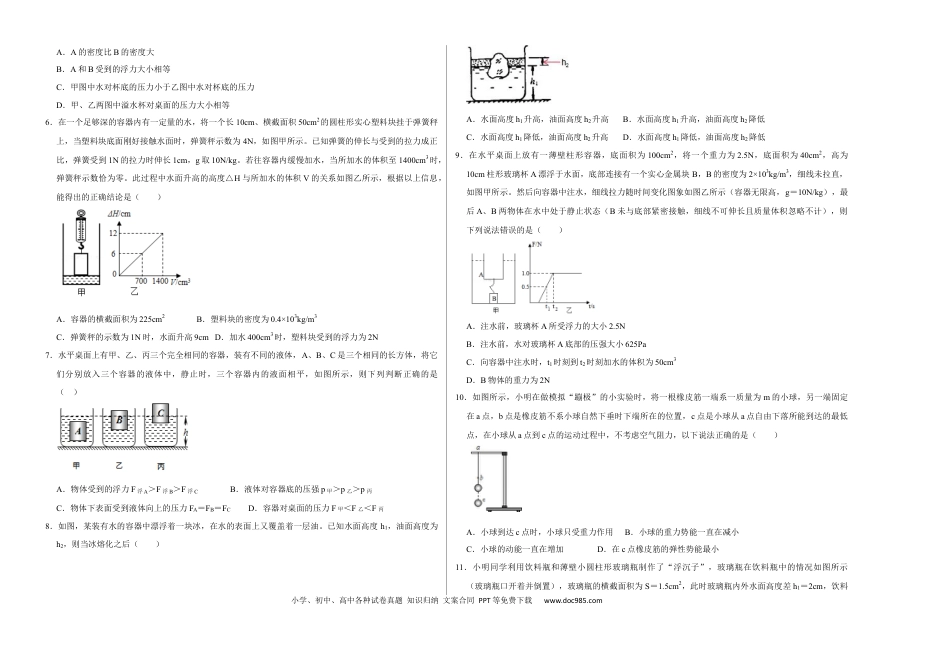 八年级物理下册 期末压轴题综合训练卷02（考试版）.docx