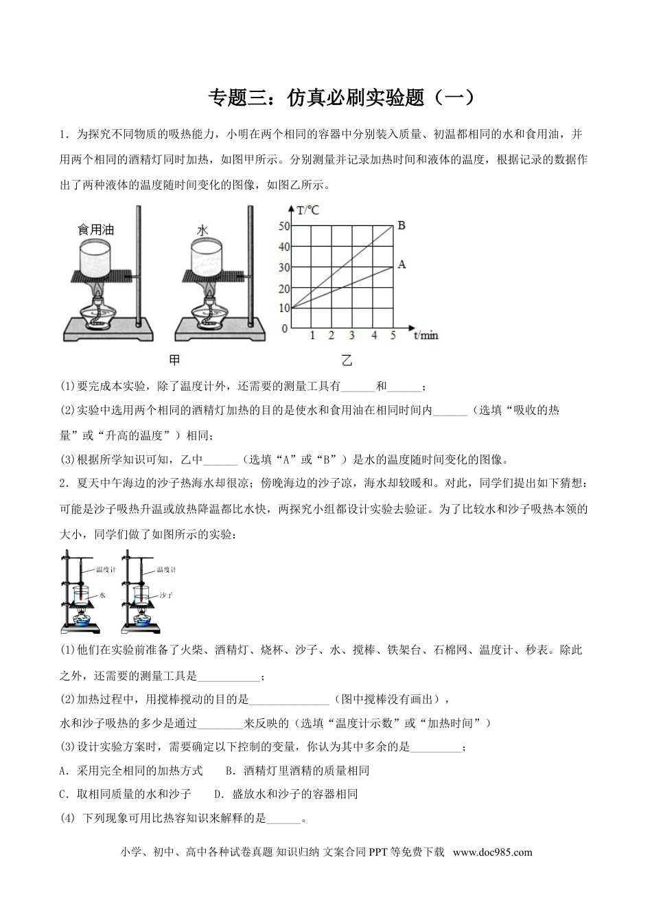 九年级物理  专题三  仿真必刷实验题(一）（人教版） .doc