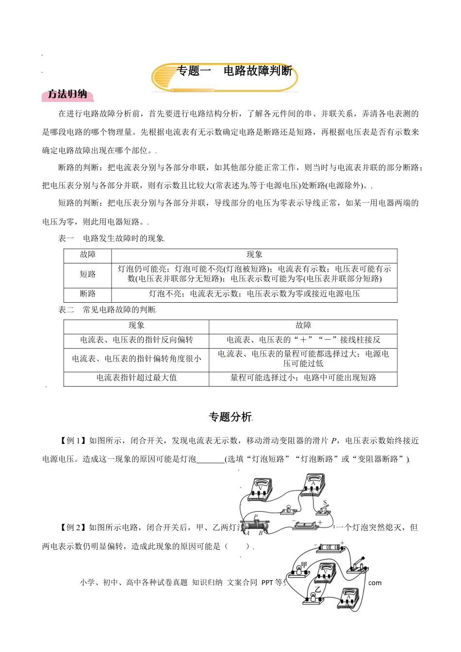 九年级物理  专题1  电路故障判断（人教版）（原卷版）.docx