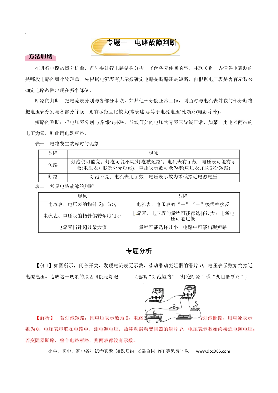 九年级物理  专题1  电路故障判断（人教版）（解析版）.docx