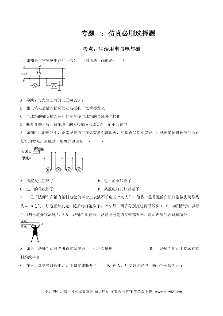九年级物理  专题一  仿真必刷选择题(生活用电  电与磁)（人教版）.doc