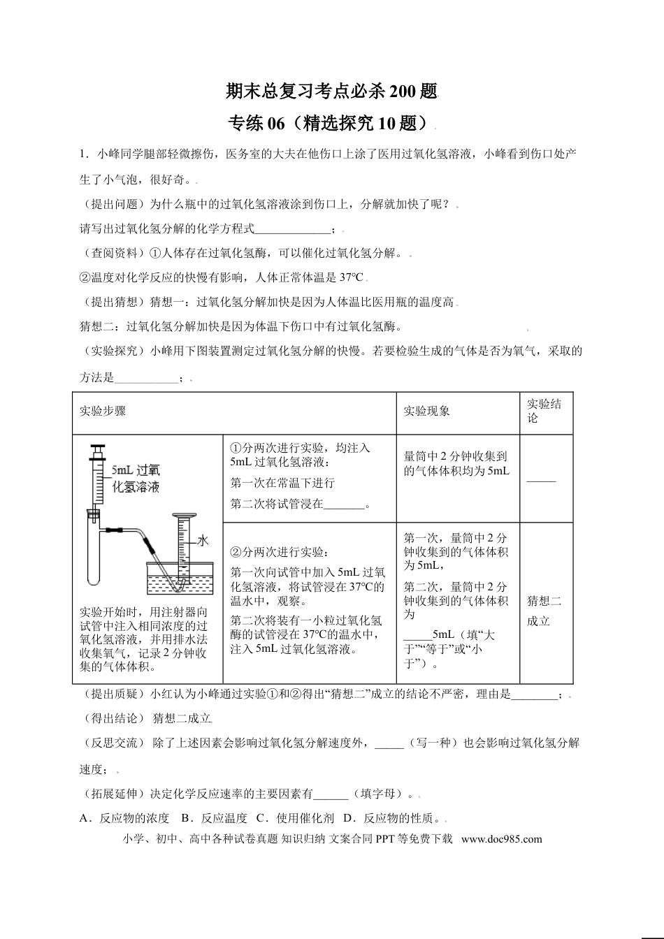 九年级化学上册专练06（精选探究10题）（解析版）.doc