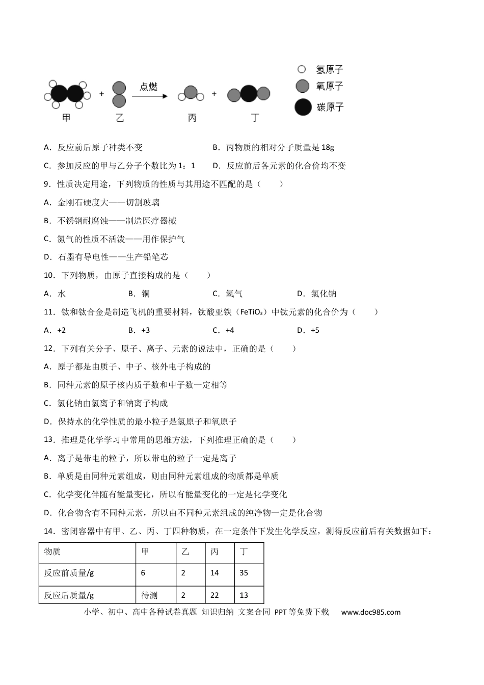 九年级化学上册期末复习测试（人教版）（原卷版）.docx