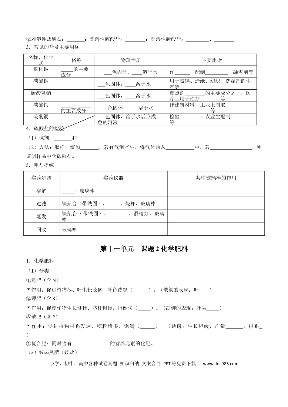 九年级化学下册第十一单元 盐 化肥（人教版）（测试版）.docx