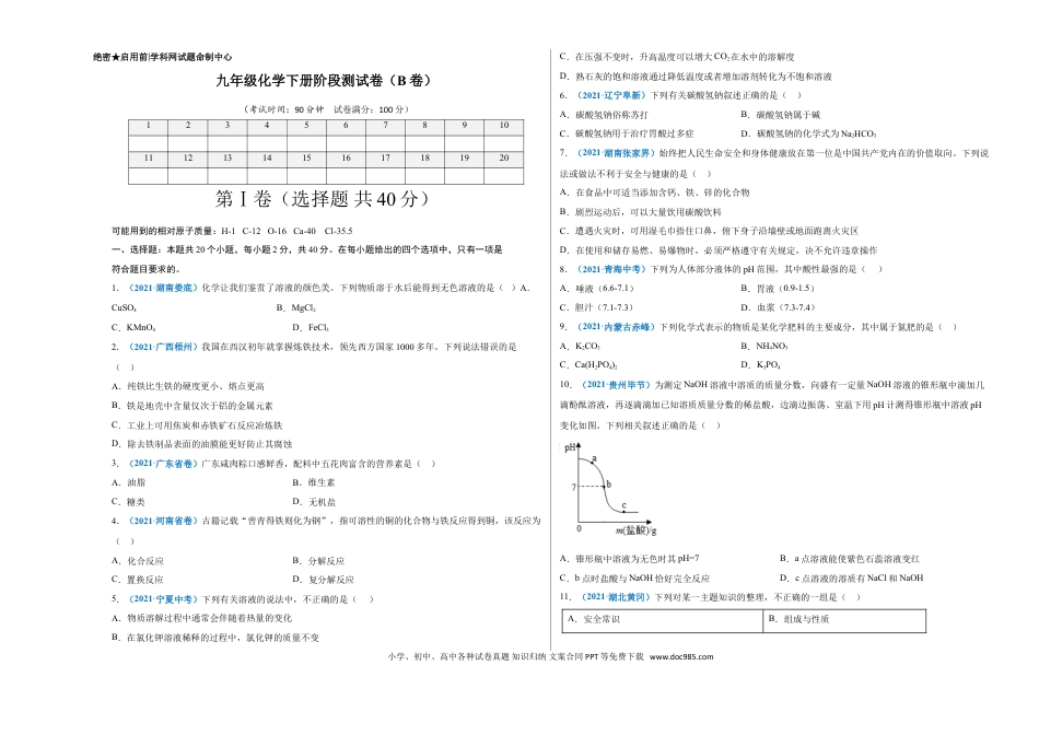 九年级化学下册阶段测试卷（B卷）（人教版）（考试版）.doc