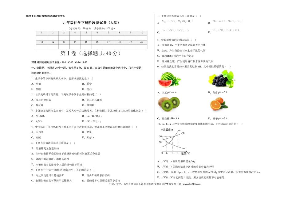 九年级化学下册阶段测试卷（A卷）（人教版）（考试版）.doc