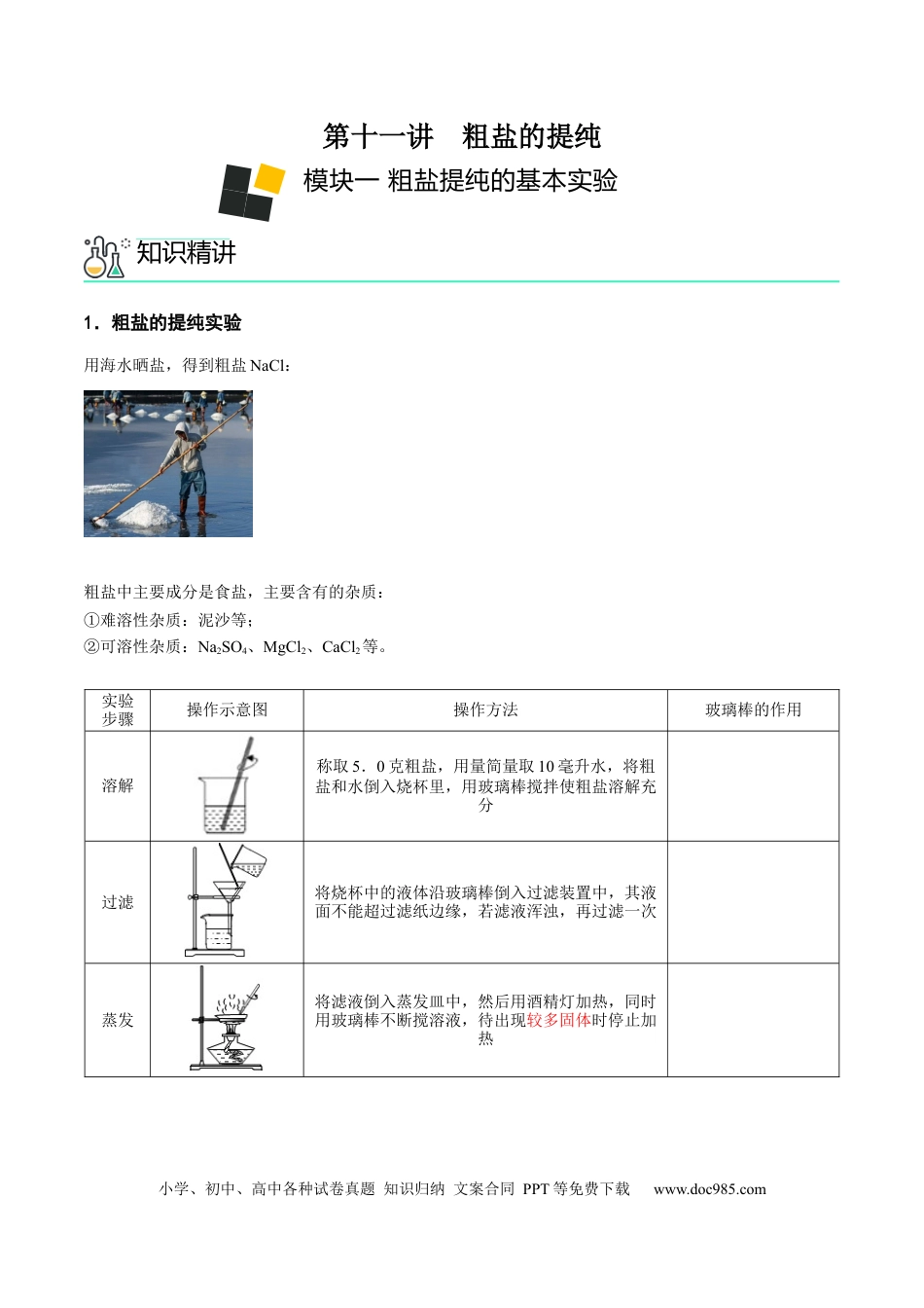 九年级化学下册第11讲 粗盐中难溶性杂质的去除（原卷版）.docx