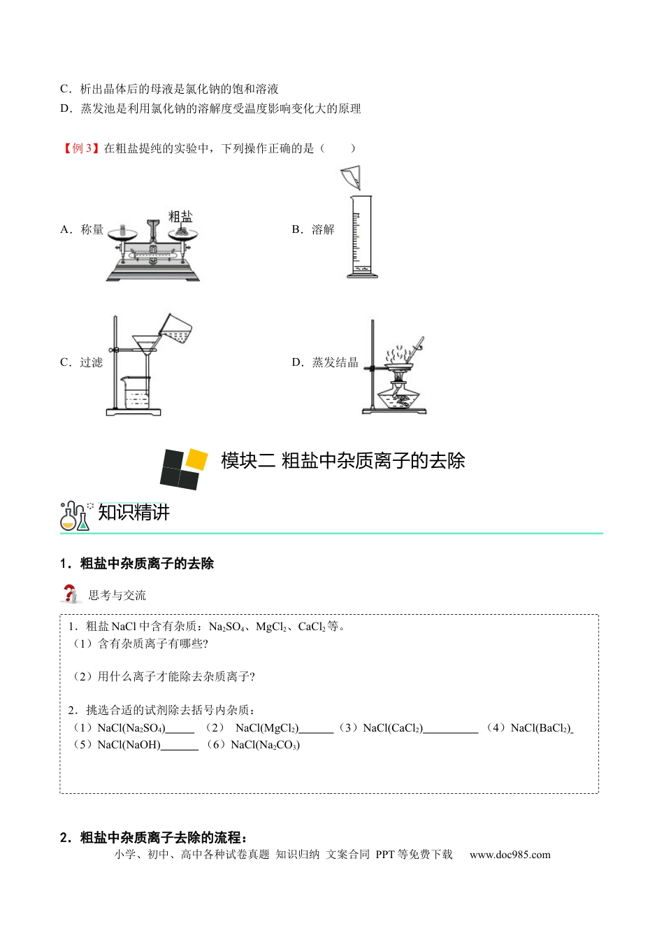 九年级化学下册第11讲 粗盐中难溶性杂质的去除（原卷版）.docx