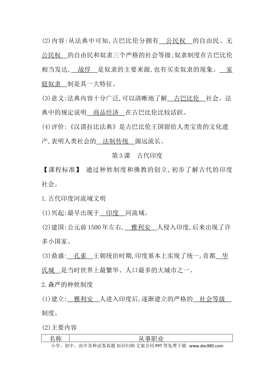 部编人教版九年级历史上册-课时知识背诵手册.doc