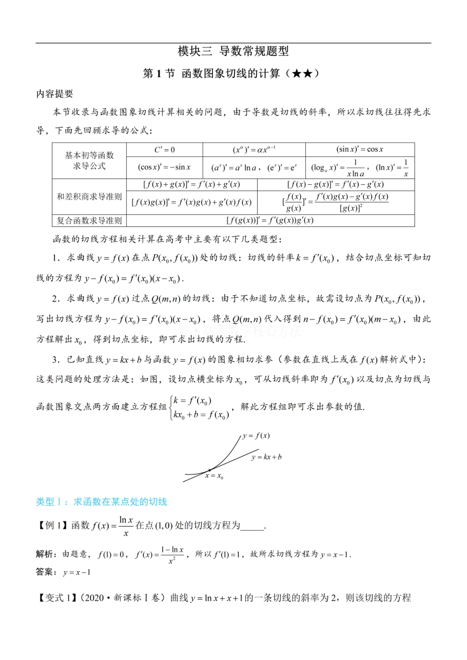 高一数学 第1节 函数图象切线的计算：方法册+练习册.pdf