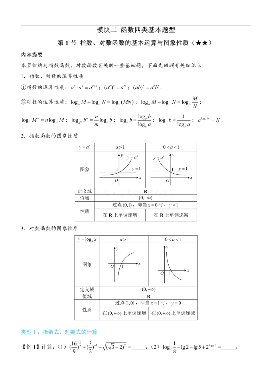 高一数学 第1节 指数、对数函数的基本运算与图象性质：方法册+练习册.pdf