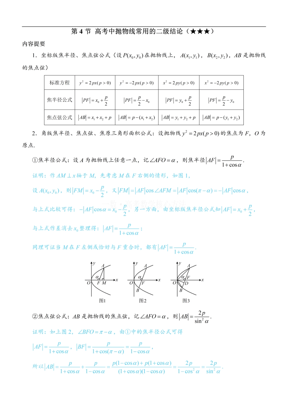 高一数学 第4节 高考中抛物线常用的二级结论：方法册+练习册.pdf