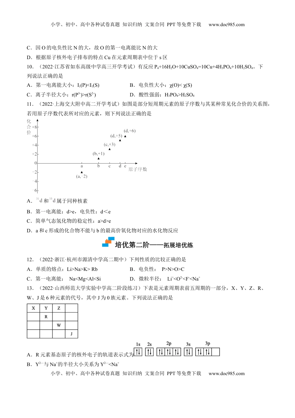 1.2.2 元素周期律-2022-2023学年高二化学课后培优分级练（人教版2019选择性必修2）（原卷版）.docx
