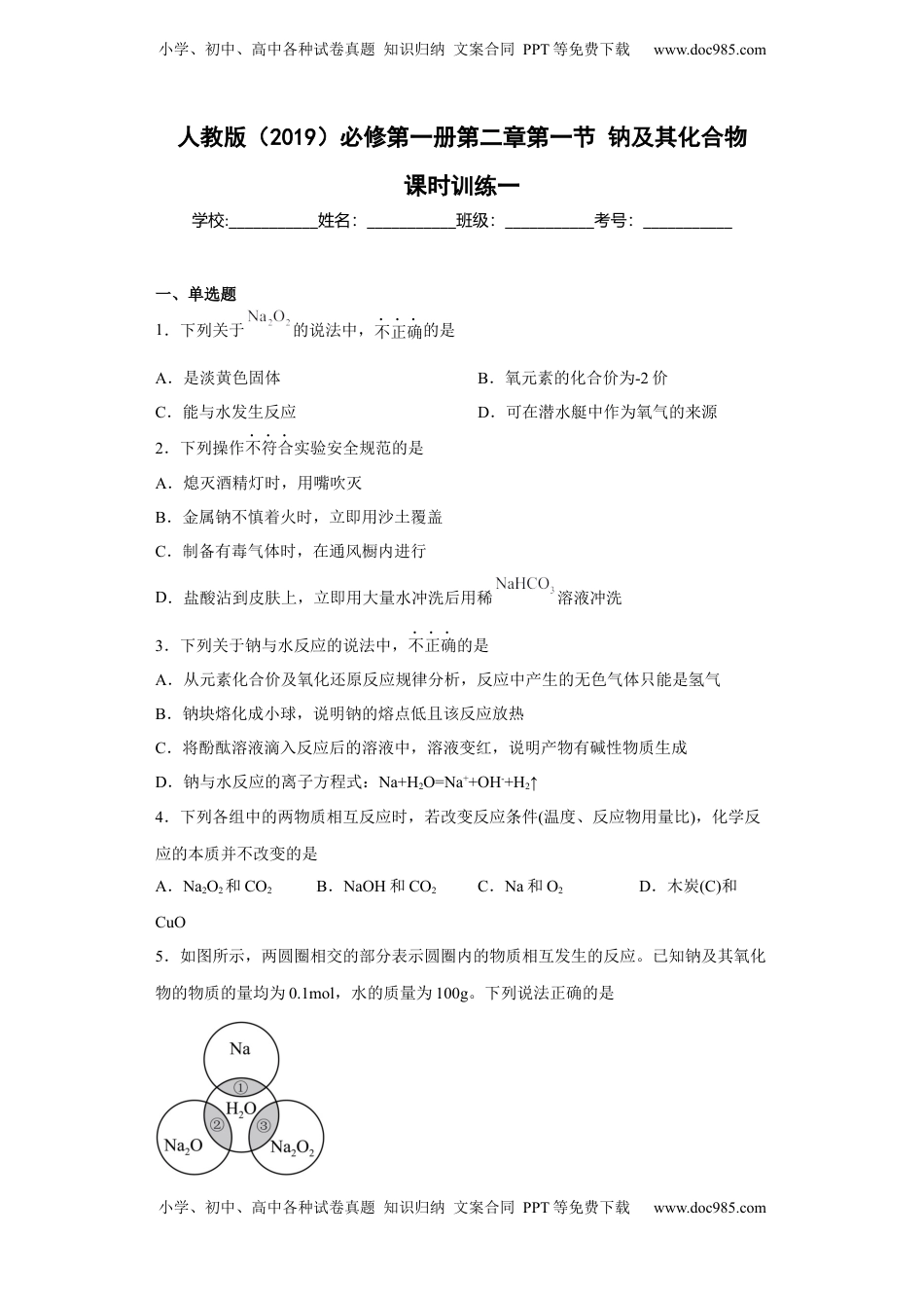 第二章 第一节  钠及其化合物  课时训练一   2022-2023学年高一上学期化学人教版（2019）必修第一册.docx