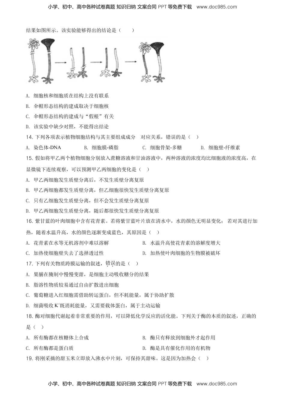 精品解析：天津市东丽区高一上学期期末生物试题（原卷版）.doc