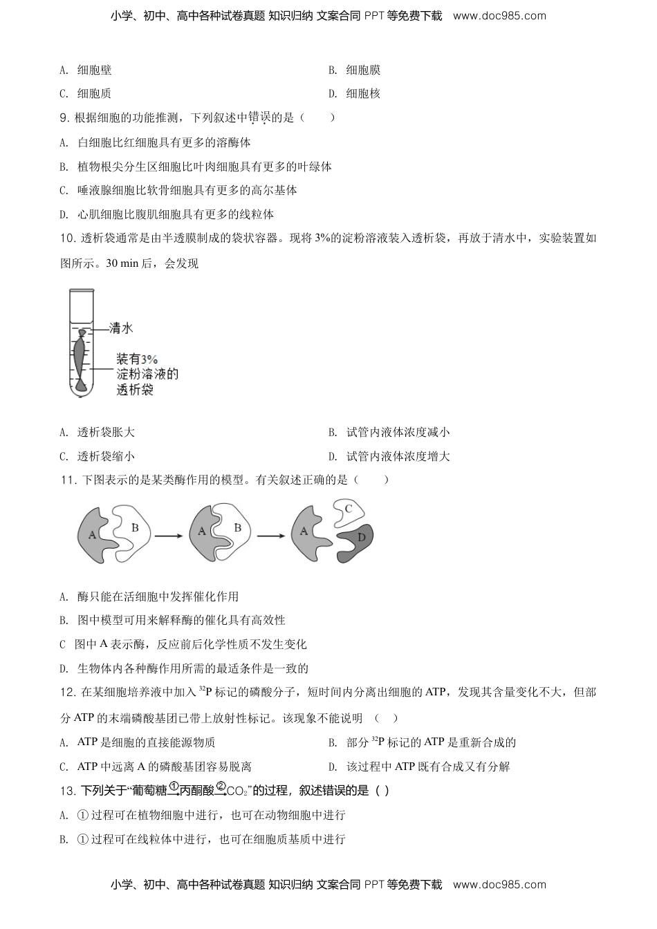 精品解析：北京市东城区高一上学期期末生物试题（原卷版）.doc