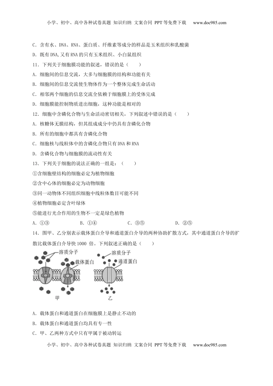 高一生物上学期期末测试卷01（人教版必修1）（原卷版）.docx