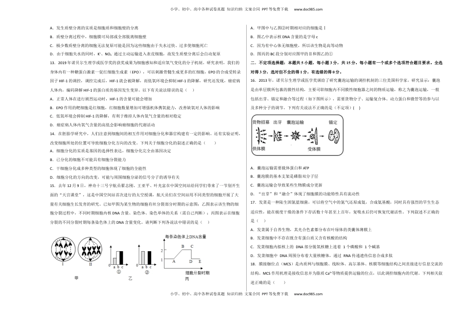2022-2023学年高一生物上学期期末考前必刷卷02（人教版2019）（考试版）.docx