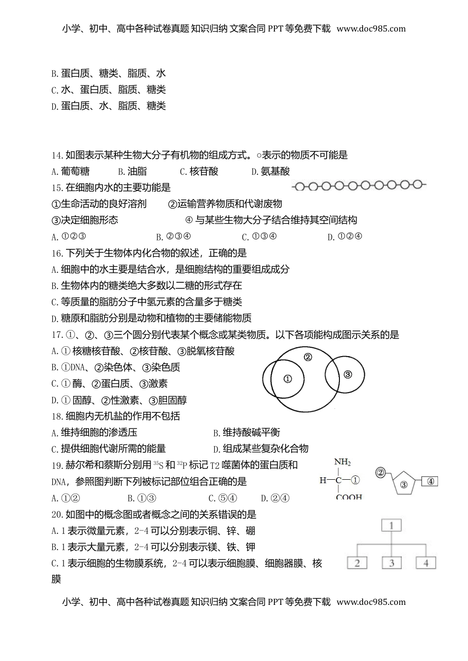 天津市耀华中学高一上学期期中形成性检测生物试题.doc