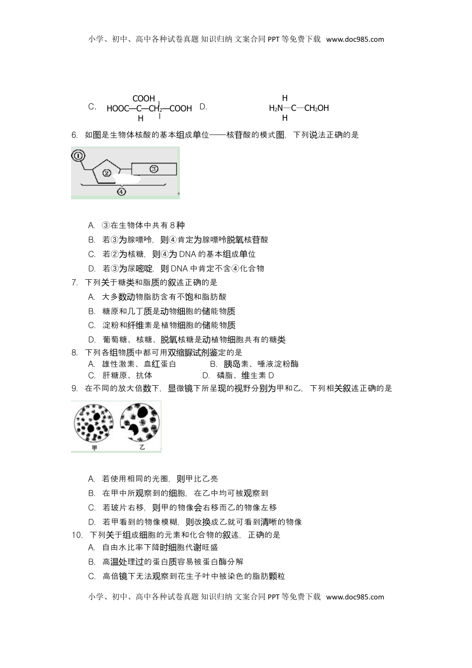山东省平度市第九中学高一上学期期中考试生物试卷.doc