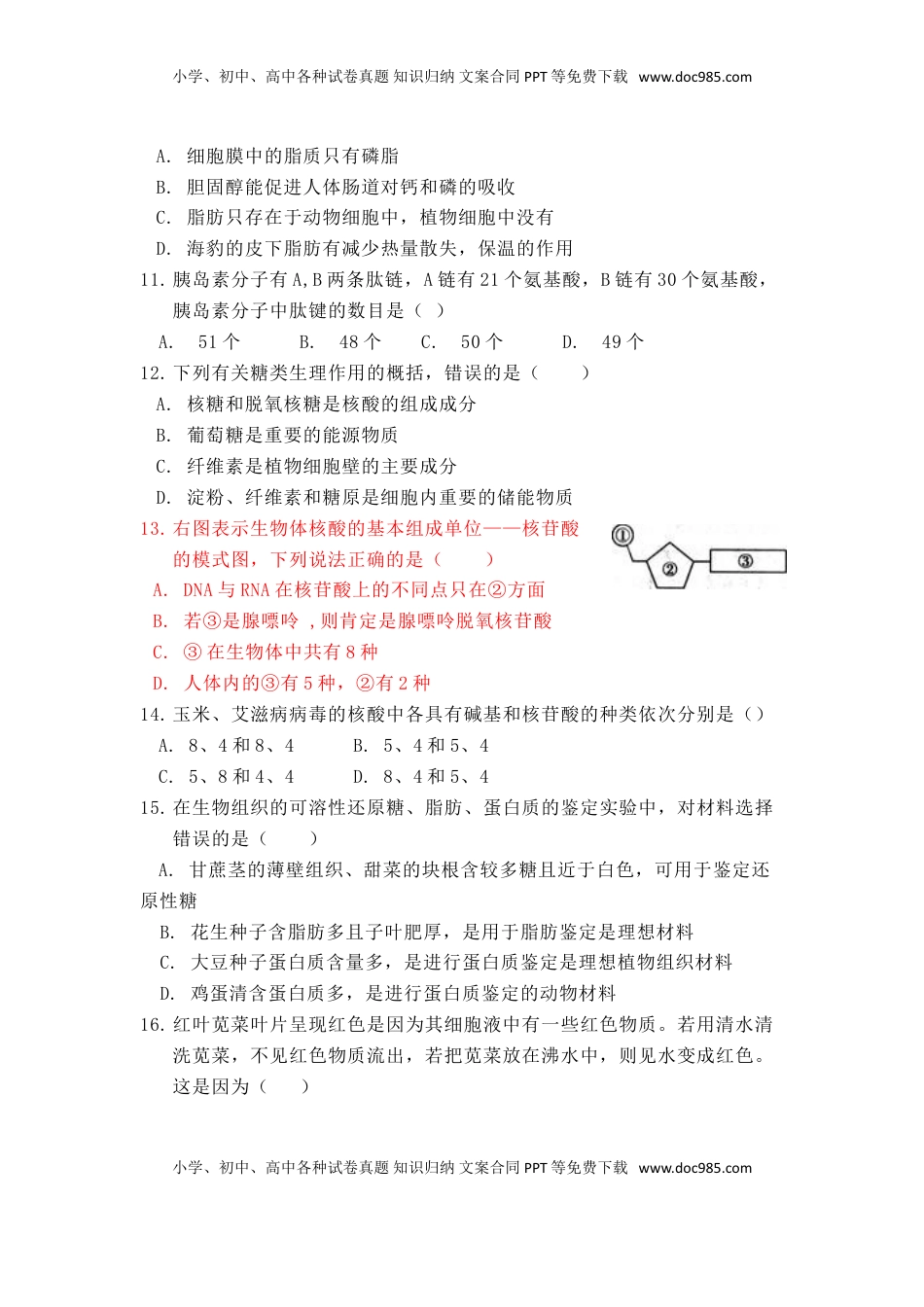 海南省海口四中度第一学期期中考试高一年级生物试题.doc