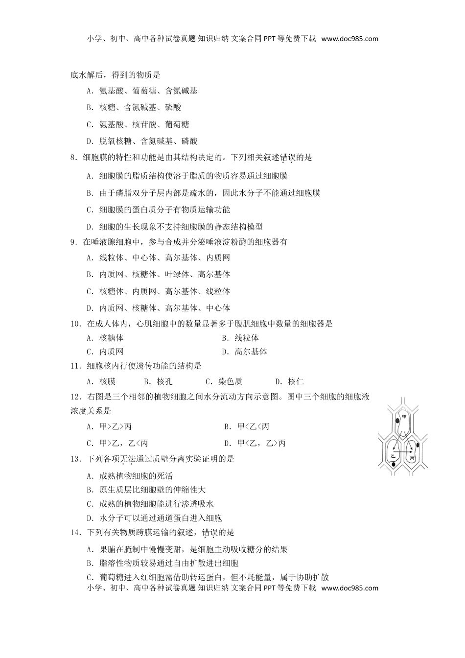 北京市丰台区高一上学期中考试（B）生物.doc