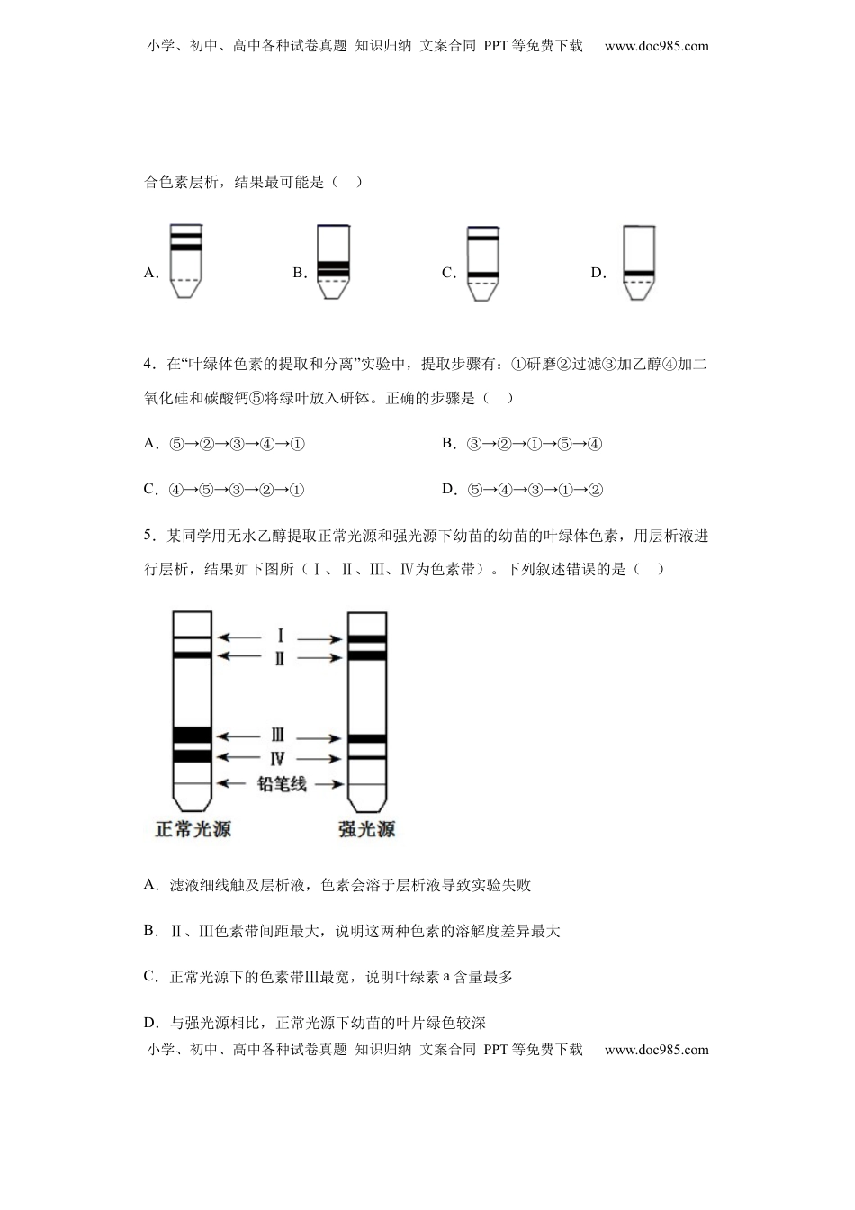5.4.1 捕获光能的色素和结构 练习 【新教材】人教版（2019）高中生物必修一.docx