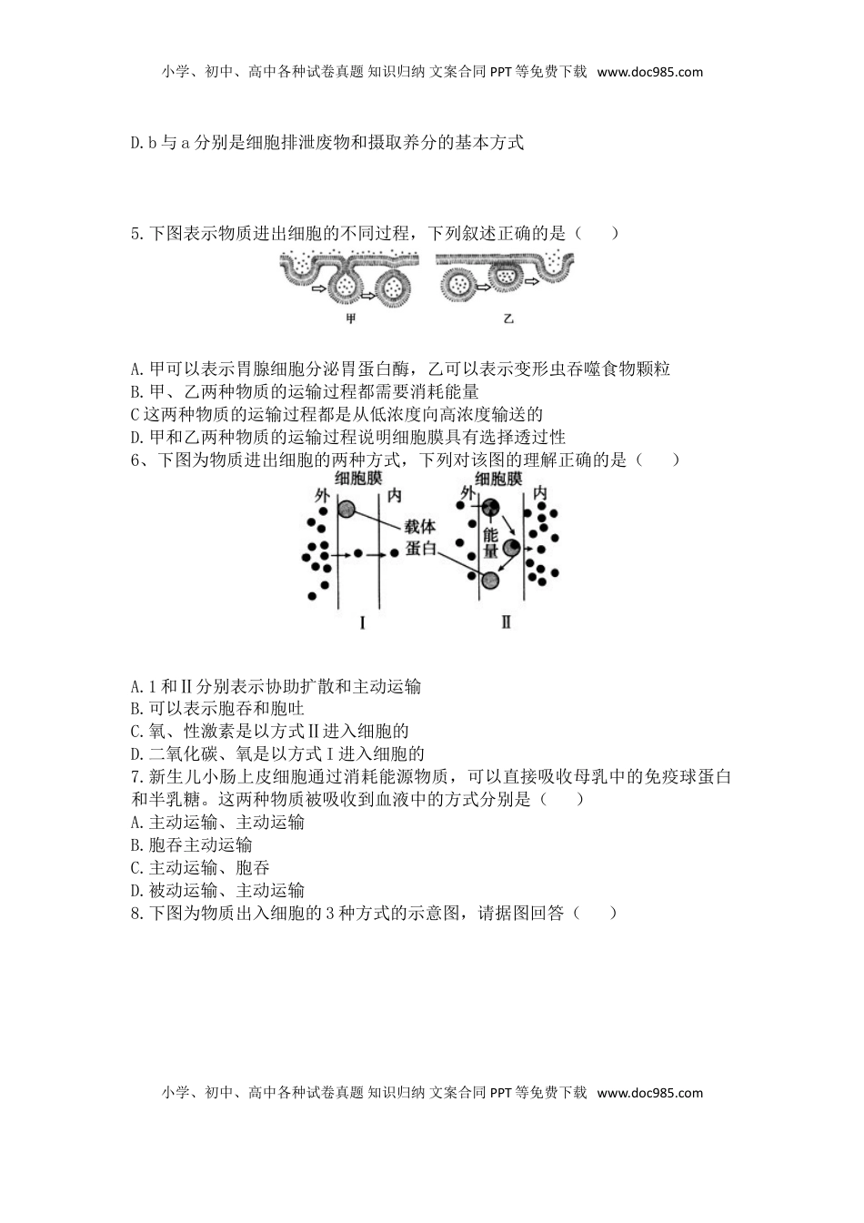 4.2 主动运输与胞吞胞吐 练习  【新教材】人教版（2019）高中生物必修一.doc