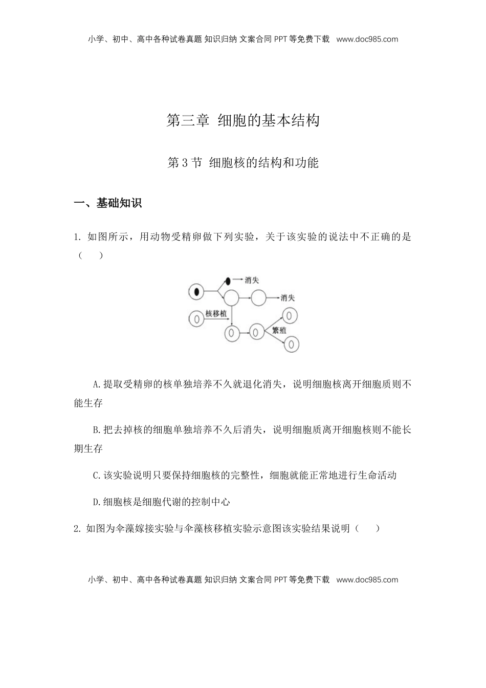 3.3 细胞核的结构和功能 练习【新教材】人教版（2019）高中生物必修一.docx