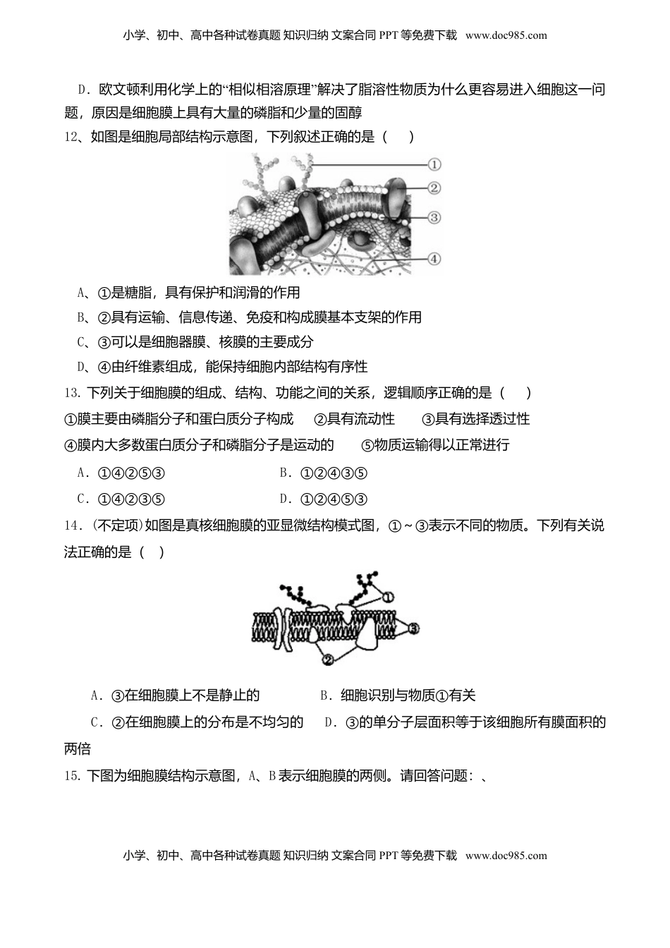 3.1 细胞膜的结构和功能 练习 【新教材】人教版（2019）高中生物必修一.doc