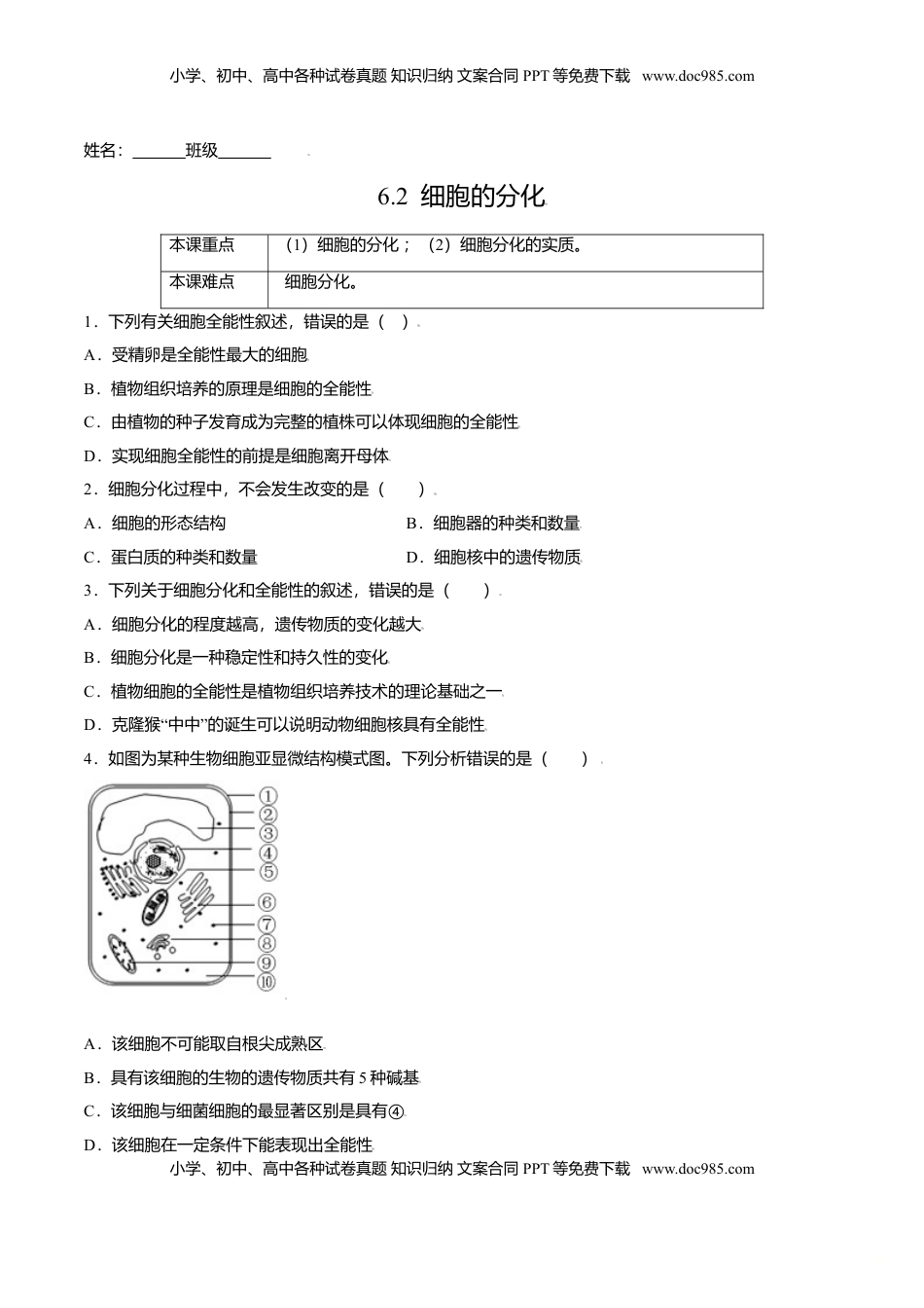 6.2  细胞的分化-高一生物课后培优练（人教版2019必修1）（原卷版）.doc