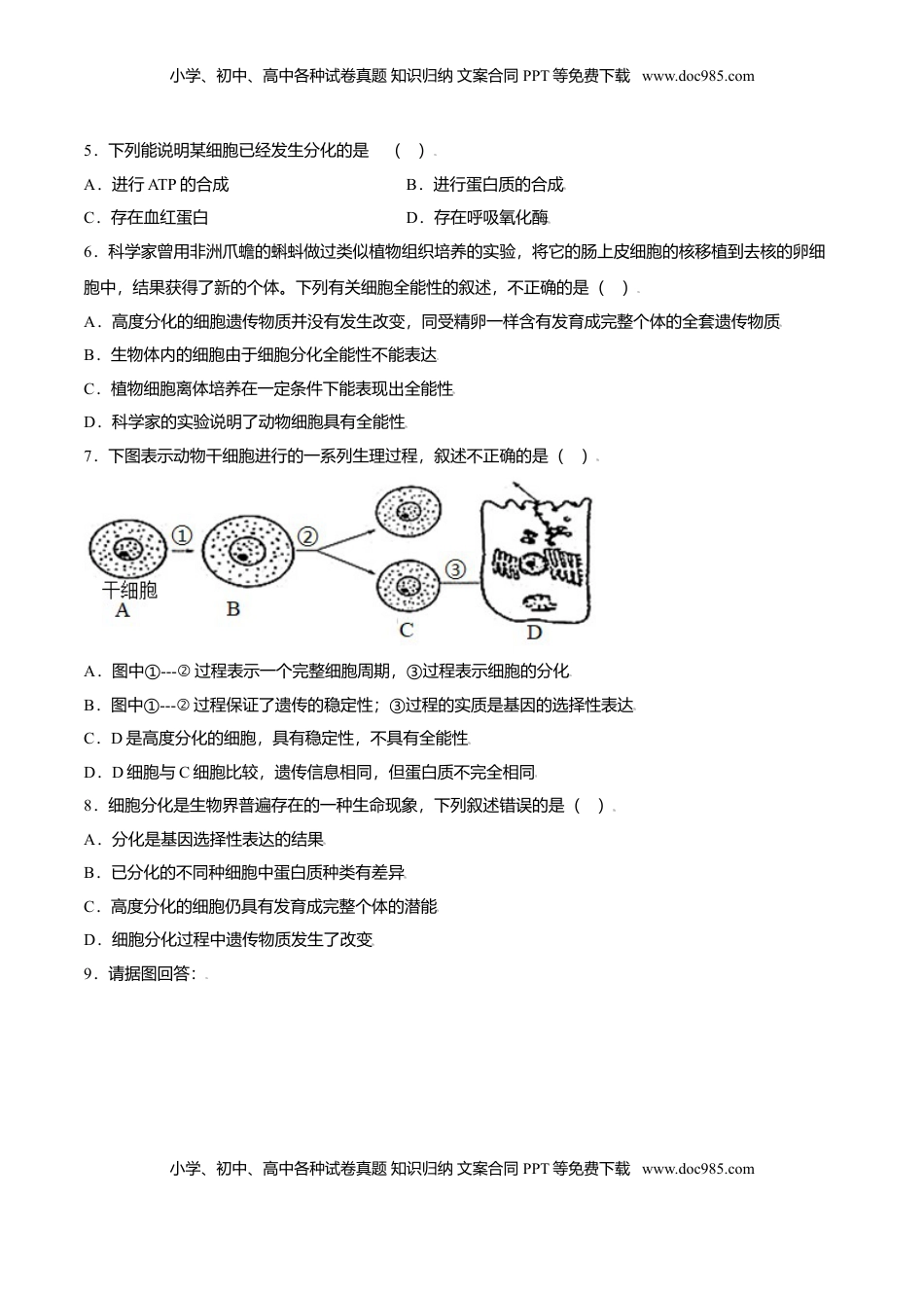 6.2  细胞的分化-高一生物课后培优练（人教版2019必修1）（原卷版）.doc