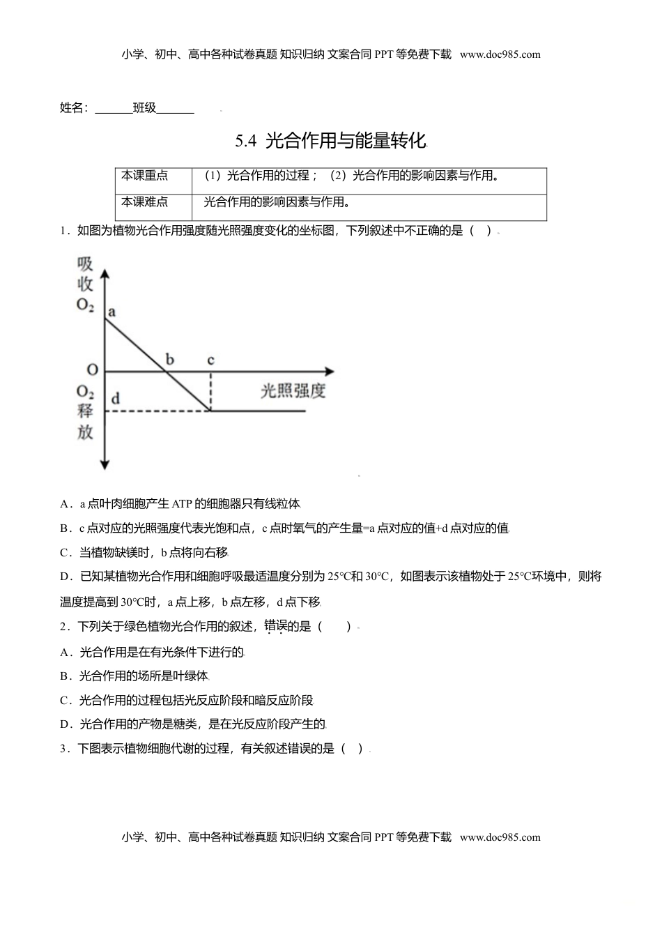 5.4  光合作用与能量转化-高一生物课后培优练（人教版2019必修1）（原卷版）.doc