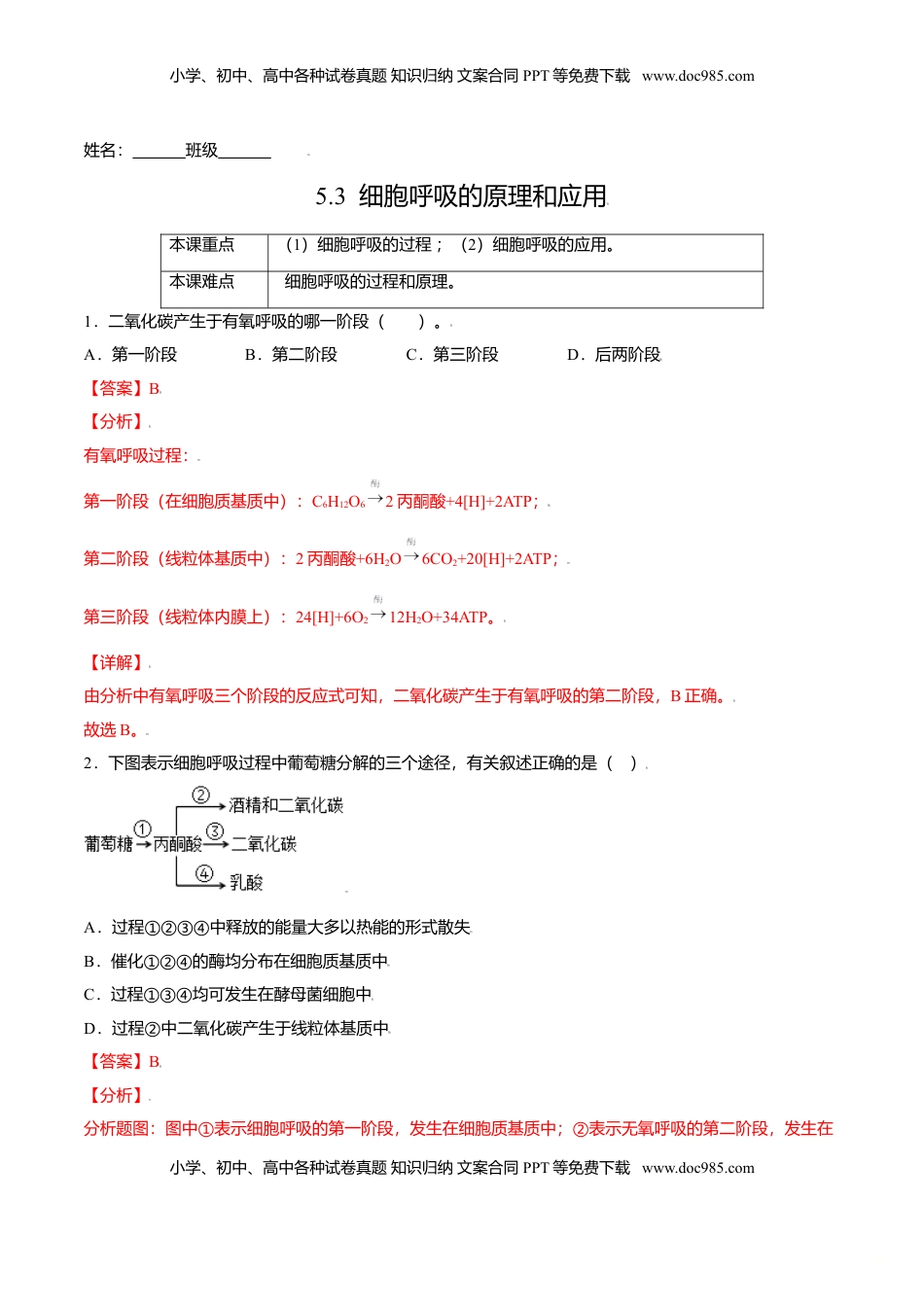 5.3  细胞呼吸的原理和应用-高一生物课后培优练（人教版2019必修1）（解析版）.doc
