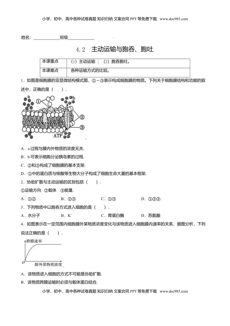 4.2  主动运输与胞吞、胞吐-高一生物课后培优练（人教版2019必修1）（原卷版）.doc