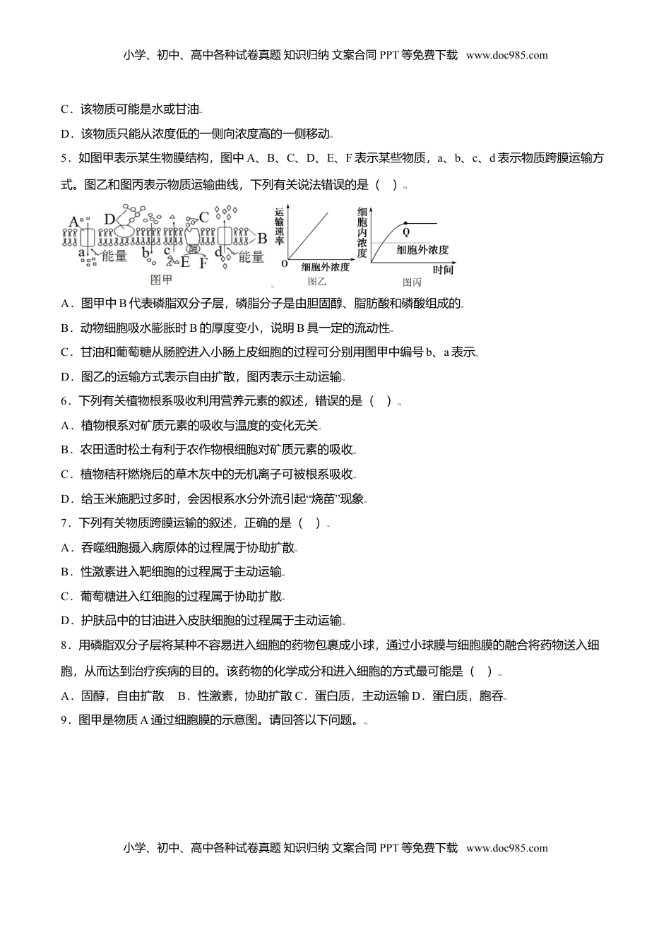 4.2  主动运输与胞吞、胞吐-高一生物课后培优练（人教版2019必修1）（原卷版）.doc