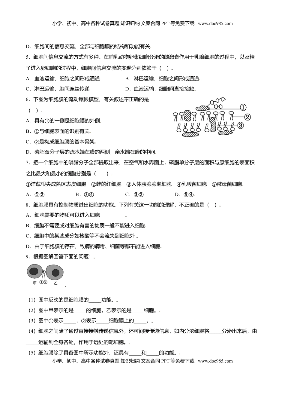 3.1  细胞膜的结构和功能-高一生物课后培优练（人教版2019必修1）（原卷版）.doc
