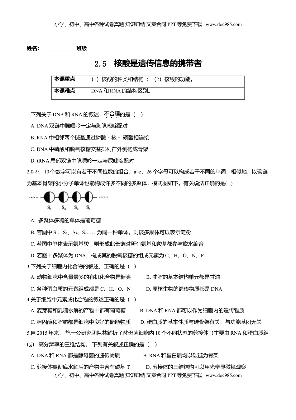 2.5  核酸是遗传信息的携带者-高一生物课后培优练（人教版2019必修1）（原卷版）.doc