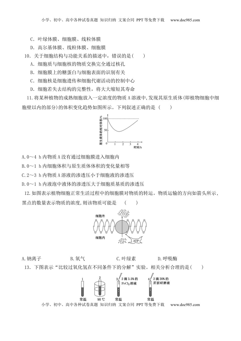 期末预测卷（一）-2022-2023学年高一生物上学期课后培优分级练（2019人教版必修1）（原卷版）.docx