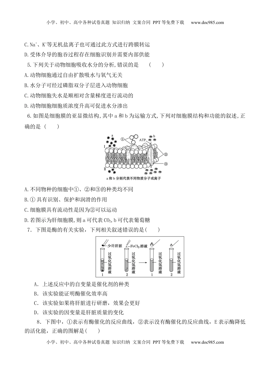 第二次月考卷- 2022-2023学年高一生物上学期课后培优分级练（2019人教版必修1）（原卷版）.docx