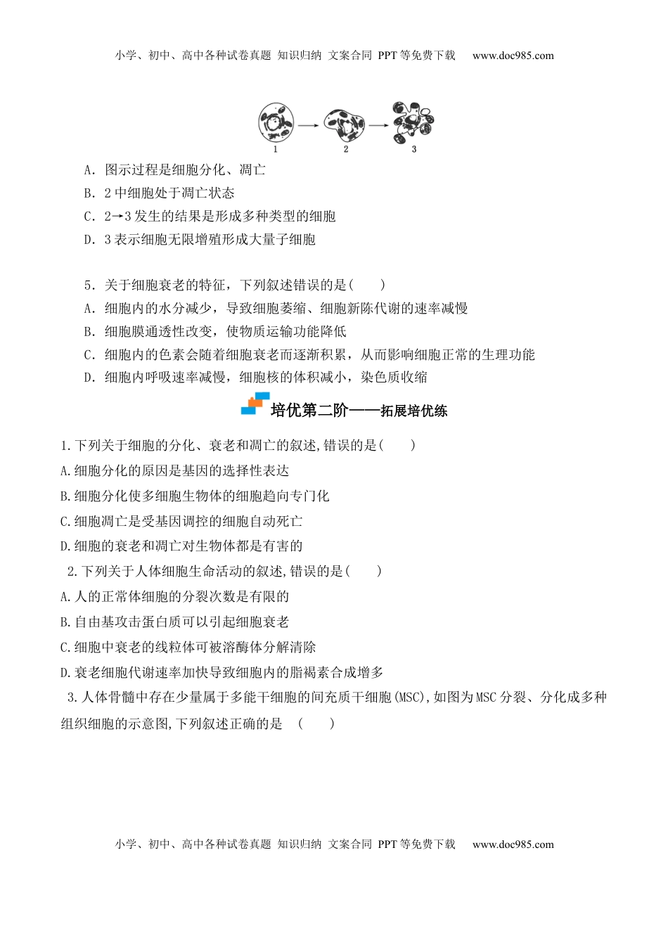 6.3 细胞的衰老和死亡-2022-2023学年高一生物上学期课后培优分级练（2019人教版必修1）（原卷版）.docx