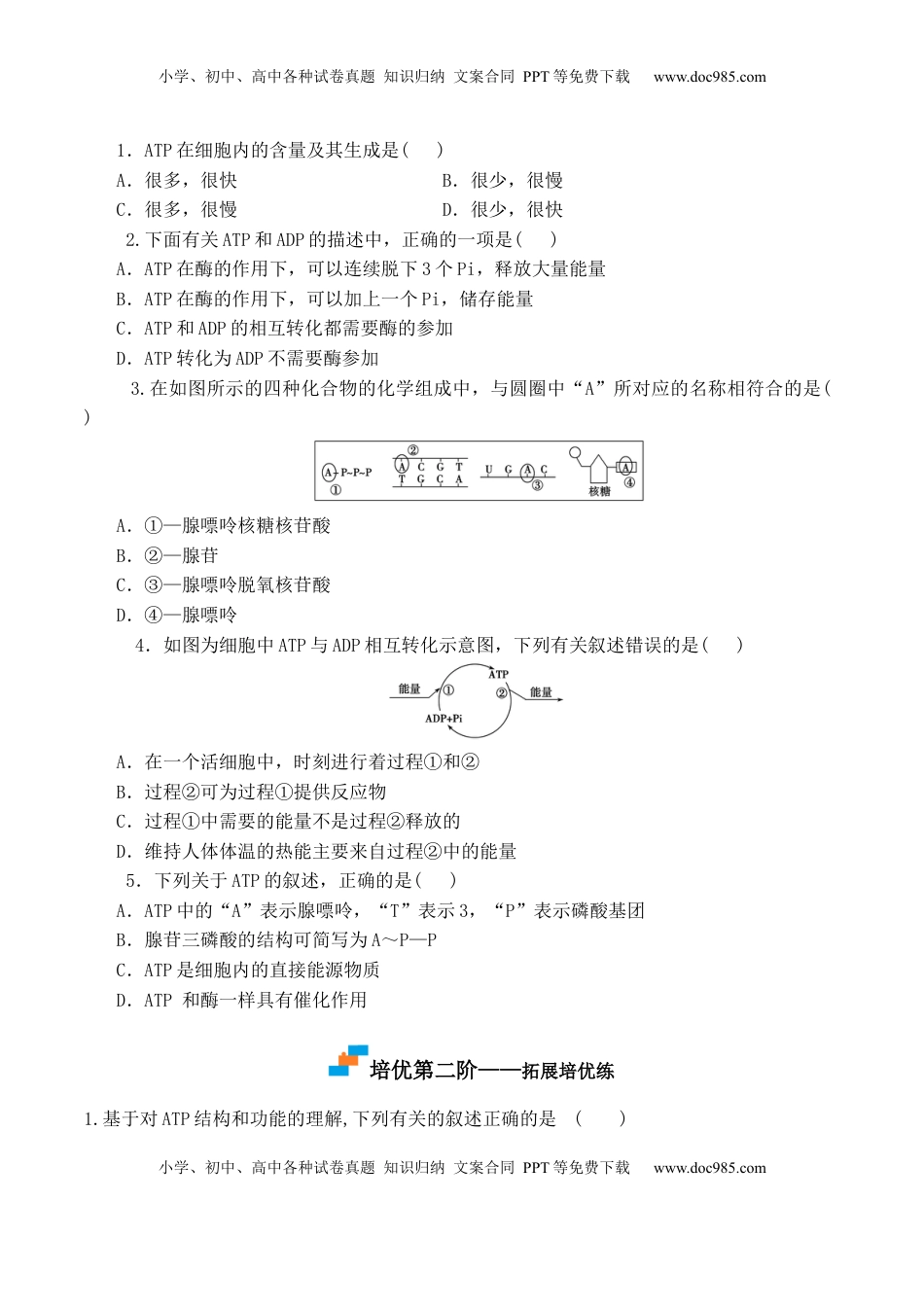 5.2 细胞的能量货币“ATP” - 2022-2023学年高一生物上学期课后培优分级练（2019人教版必修1）（原卷版）.docx